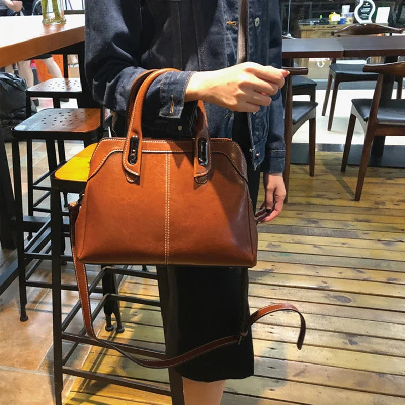 Genuine Leather Women Handbag Top Handle Shoulder Cross Body Bag Fashion Oil Wax Cowhide Purses And Handbags Messenger Tote Bags