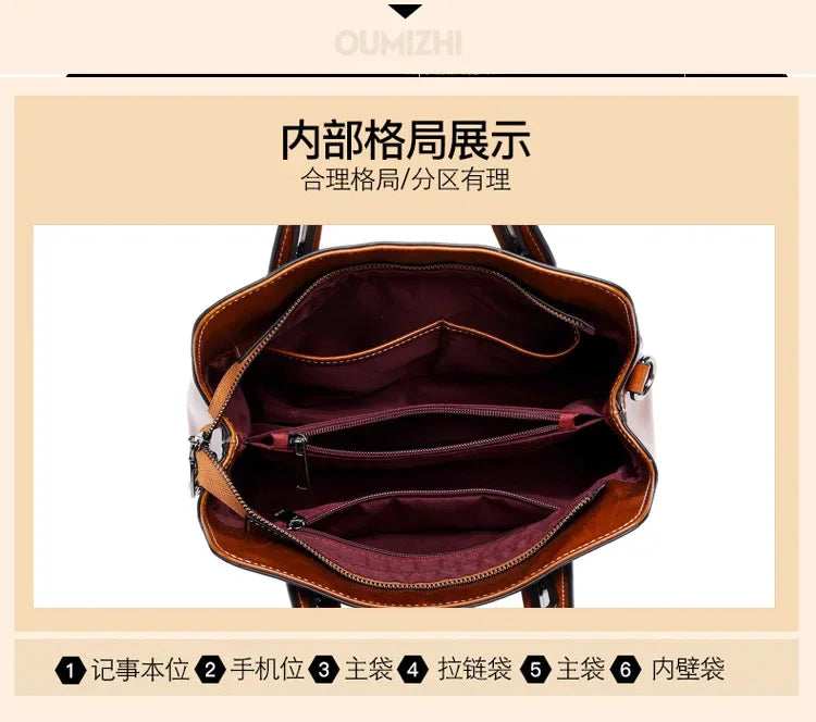 Genuine Leather Women Handbag Top Handle Shoulder Cross Body Bag Fashion Oil Wax Cowhide Purses And Handbags Messenger Tote Bags